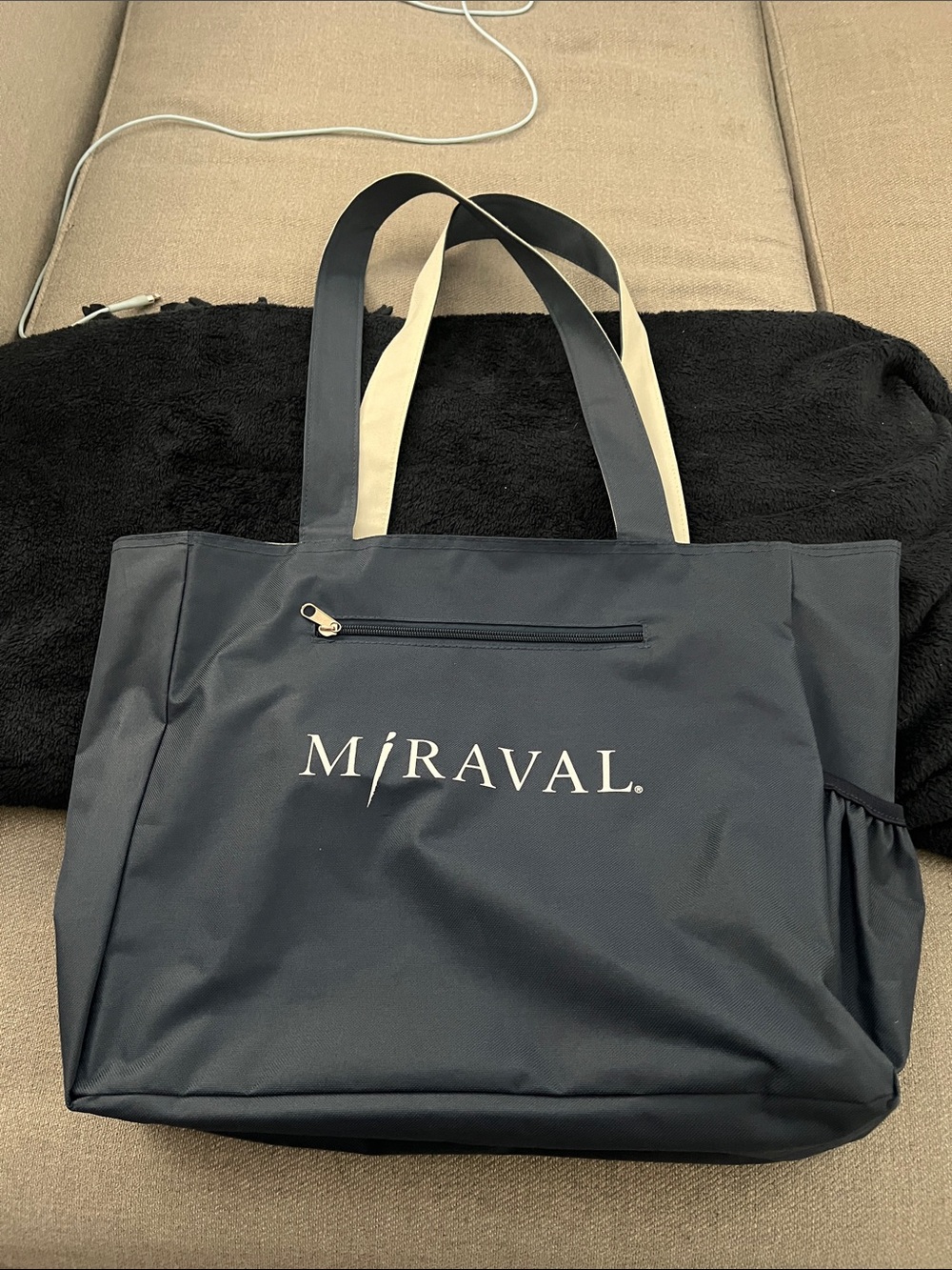 Reversible MIRAVAL Navy and Cream13x20 Tote Bag with Cream Handles